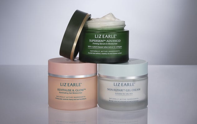 Superskin™ Advanced Firming Serum-in-Moisturiser 50ml, Revitalise & Glow™ Illuminating Gel Moisturiser 50ml, and Skin Repair™ Gel Cream 50ml sat on a light grey background