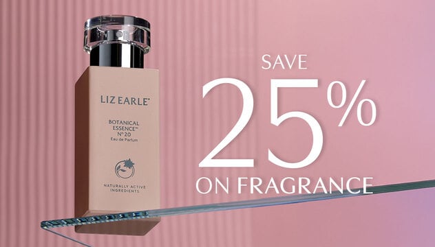 Pink background with a perfume bottle with the text: Save 25% on Fragrance