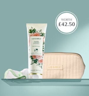 Cleanse & Polish Rose and Eucalyptus product next to face cloth and bag
