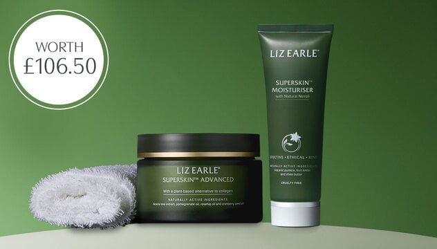 Superskin™ Advanced Nourishing Cleansing Balm 100ml and Superskin™ Moisturiser with natural neroli 75ml tube on a dark green background