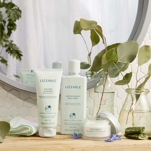 Liz Earle skincare products in a bathroom