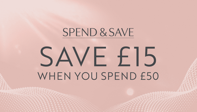 Save £15 when you spend £50; on a peach background