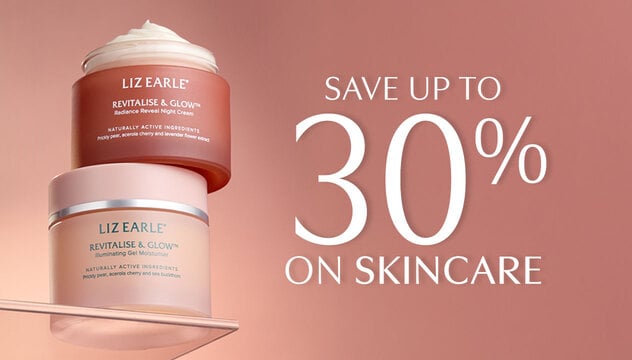 Dark peach background with product and text: Save up to 30% on Skincare