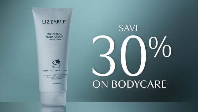 body product on a glass shelf with a dark blue background; save 30% on bodycare