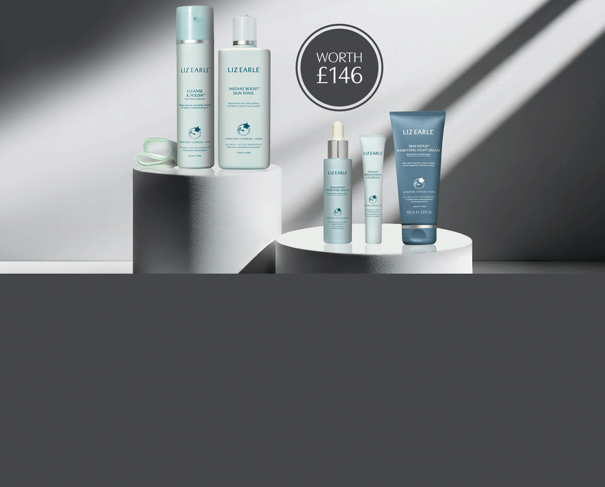 The A range of Liz Earle products on a light grey background