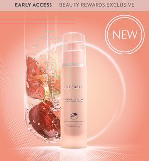 New Restore & Glow Instant Radiance Serum 30ml pump on a peach background