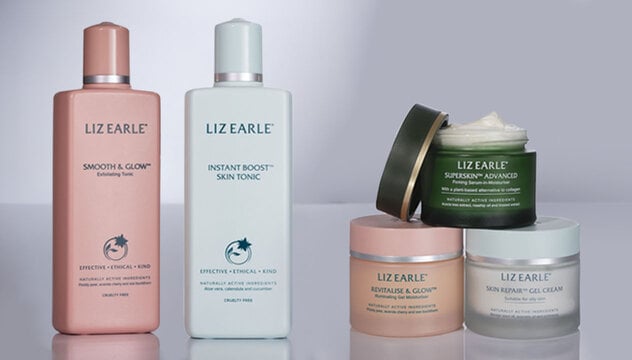 Liz Earle Beauty Co. skincare products on a glass shelf with the copy: Save 25% when you buy 2+ full-size products*