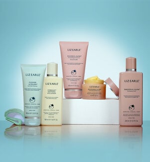 a range of Liz Earle products on a light blue background