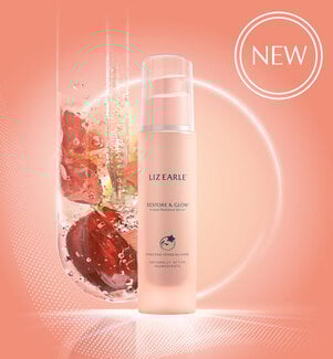 New Restore & Glow Instant Radiance Serum 30ml pump on a peach background