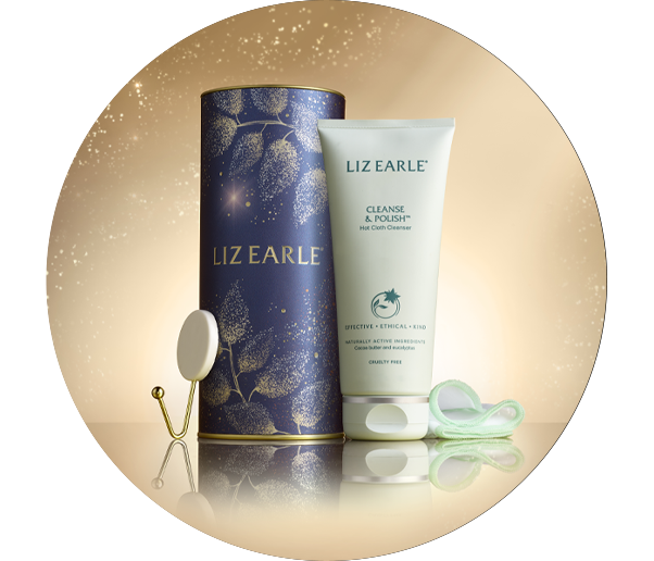 Liz Earle Cleanse & Polish gift set on a gold background