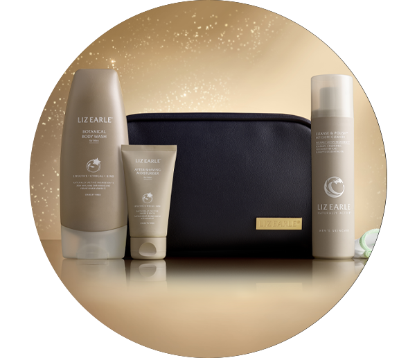 Liz Earle Daily Revitalising Men's Collection on a gold background