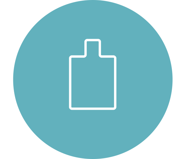 Light blue circle with a white bottle icon in the centre
