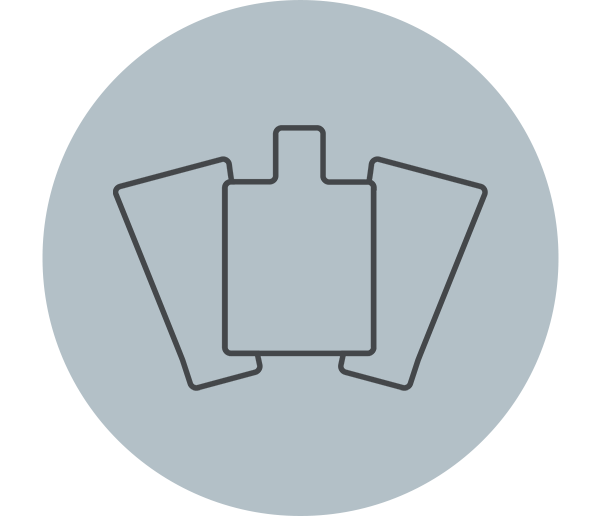 Light grey circle with 3 dark grey outlines of products in the centre