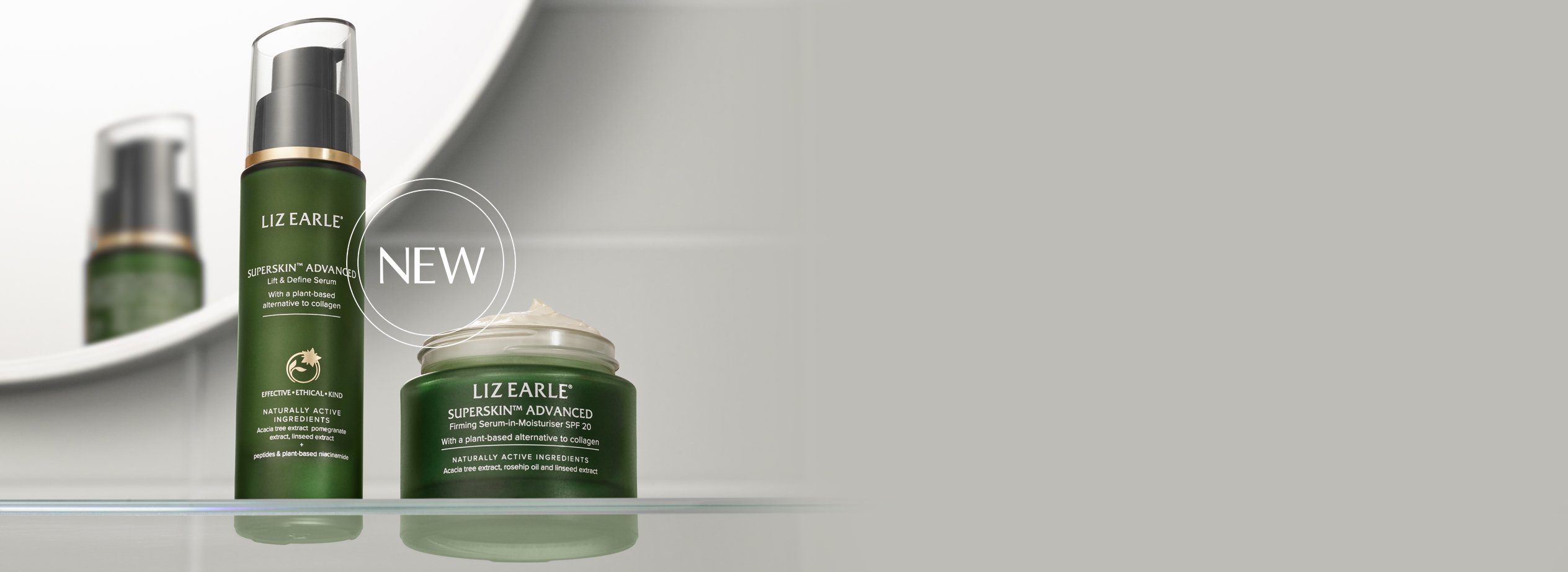 Liz Earle dark green background with ingredient roundels