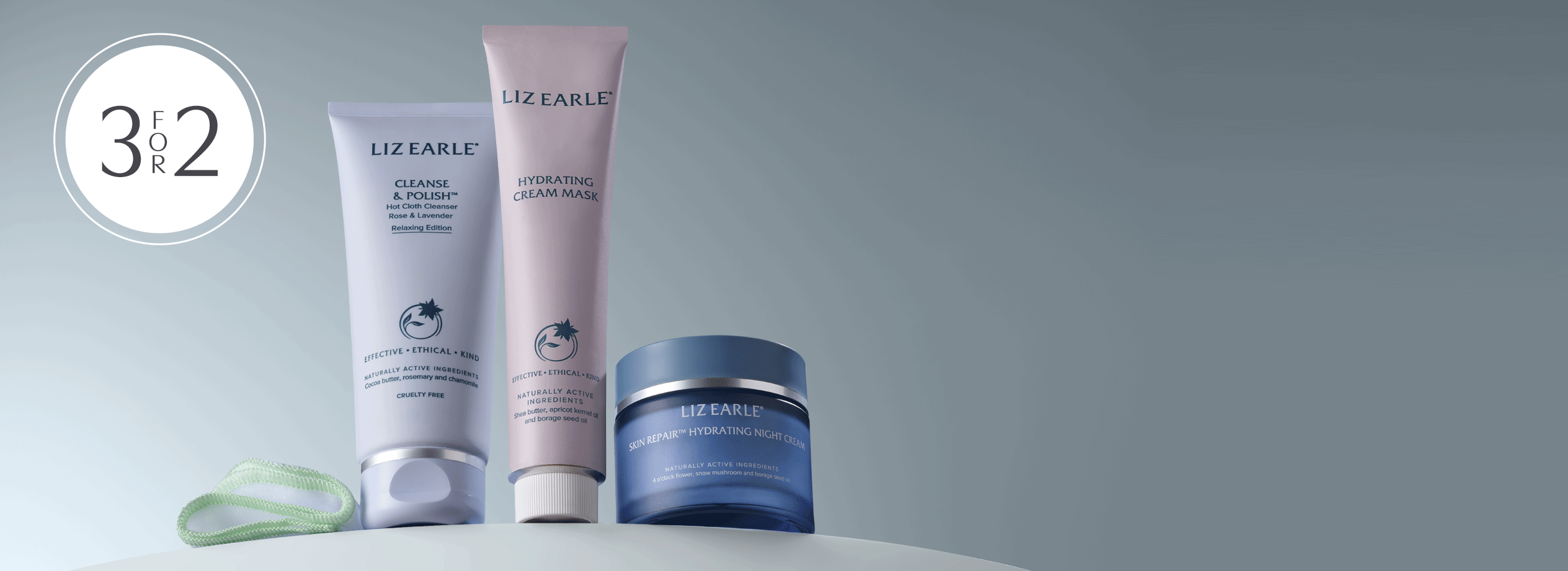 Liz Earle products on a grey background