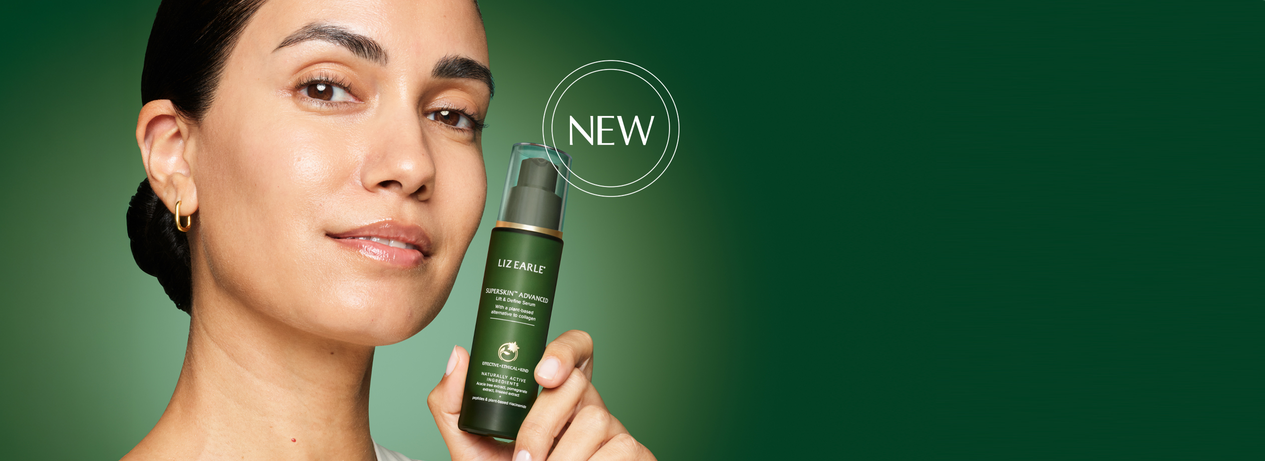 Liz Earle model holding Superskin advanced lift and define serum