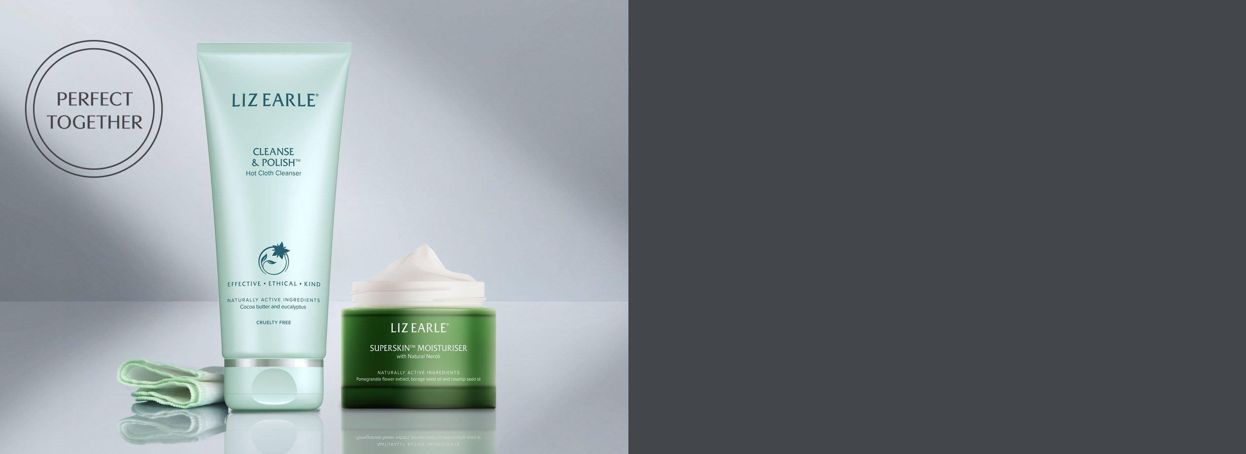 Liz Earle products on a grey background
