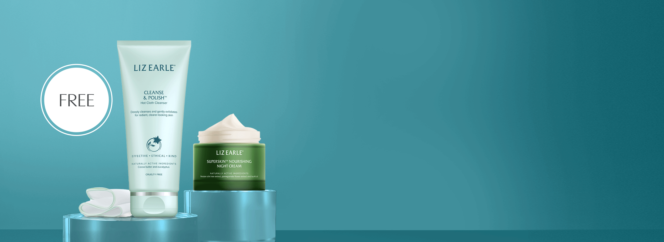 Liz Earle cleanse & polish and superskin advanced cream on a light blue background