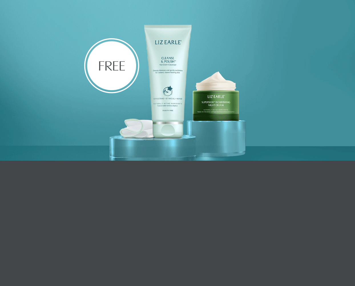 Liz Earle cleanse & polish and superskin advanced cream on a light blue background