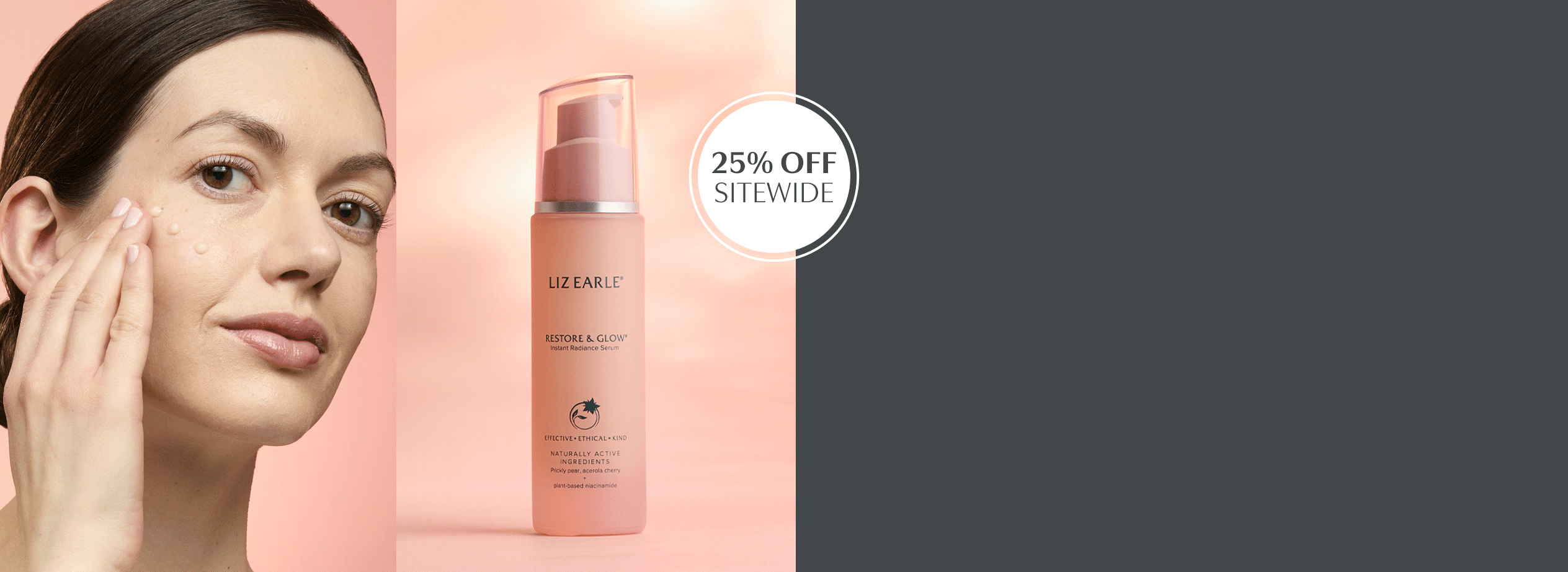 Liz Earle product range rotation next to model