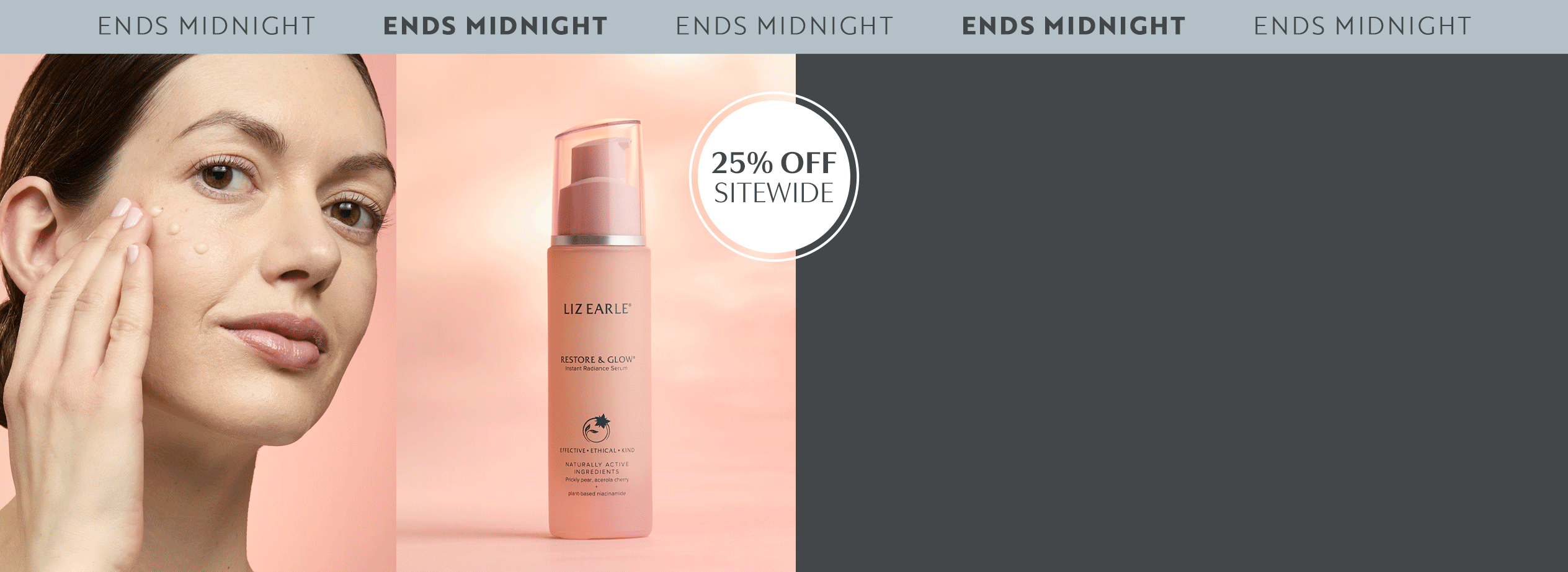 Liz Earle product range rotation next to model