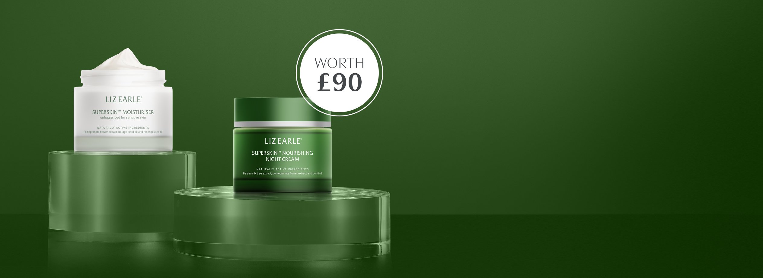 Liz Earle Superskin™ moisturiser unfragranced + Superskin™ night cream on a dark green background