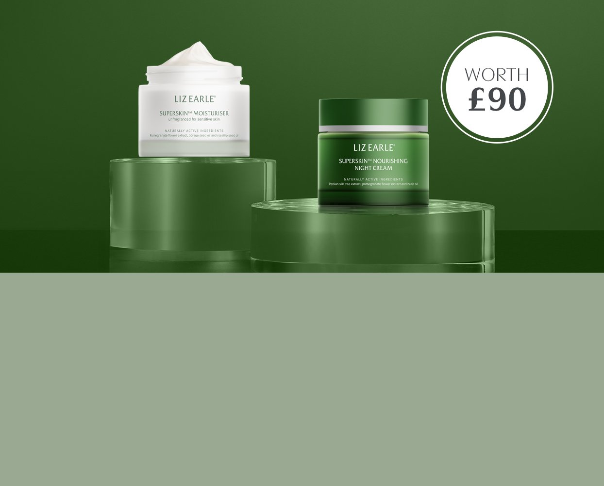 Liz Earle Superskin™ moisturiser unfragranced + Superskin™ night cream on a dark green background