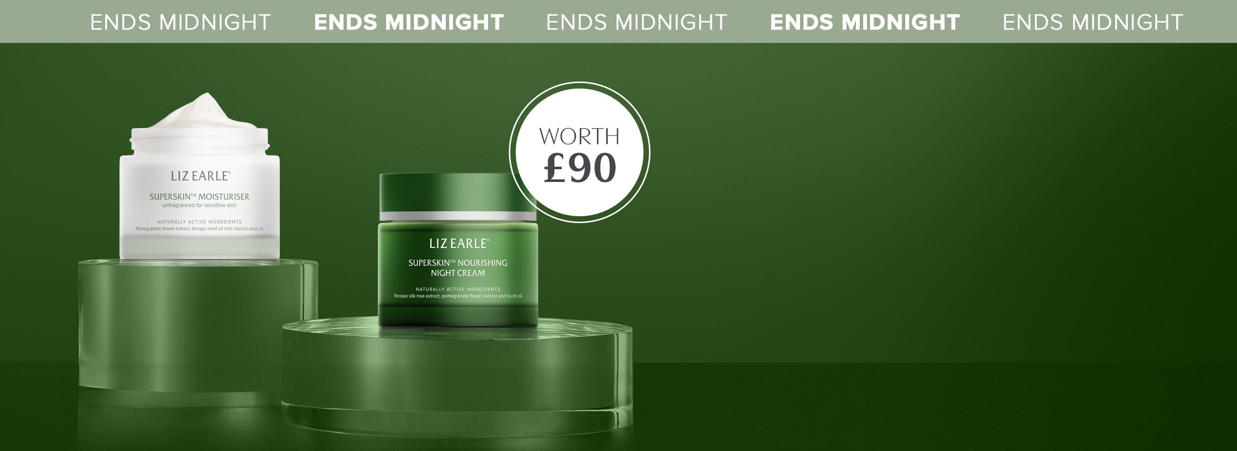 Liz Earle Superskin™ moisturiser unfragranced + Superskin™ night cream on a dark green background