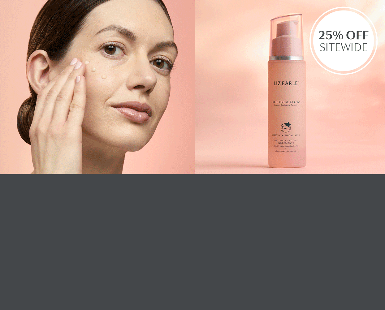 Liz Earle range of products next to model