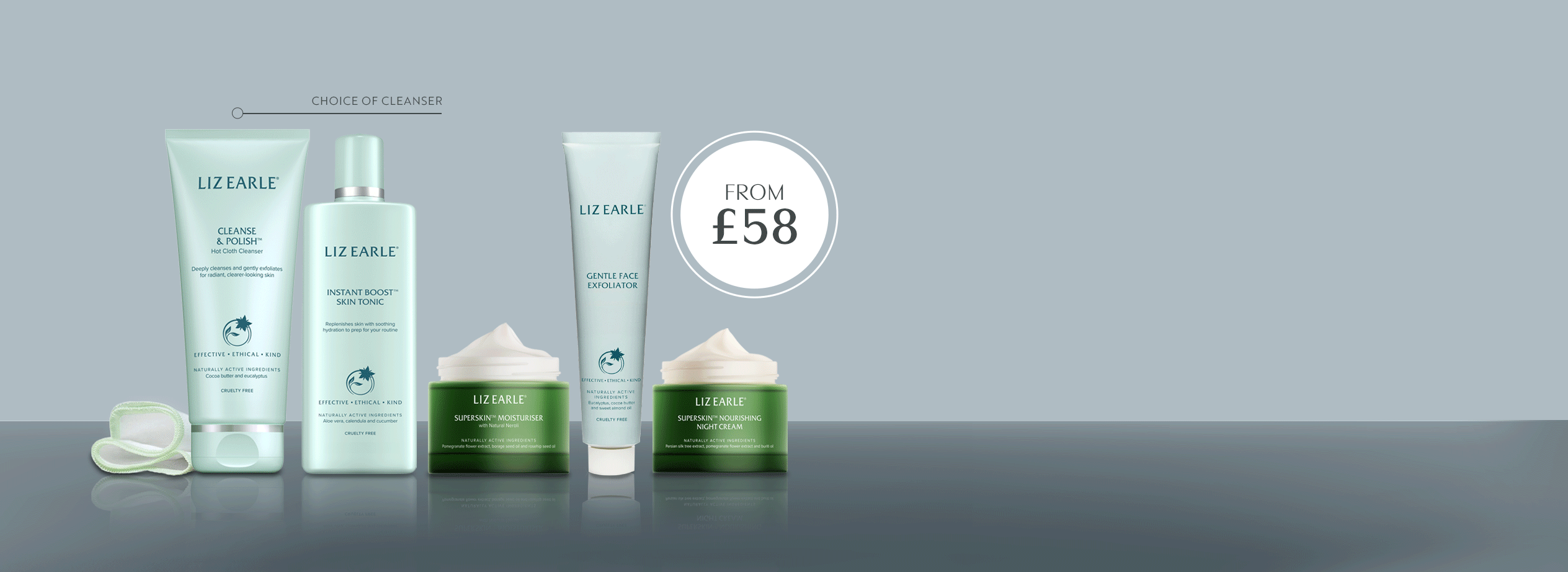 Liz Earle product range including toner, cleanser, moisturiser