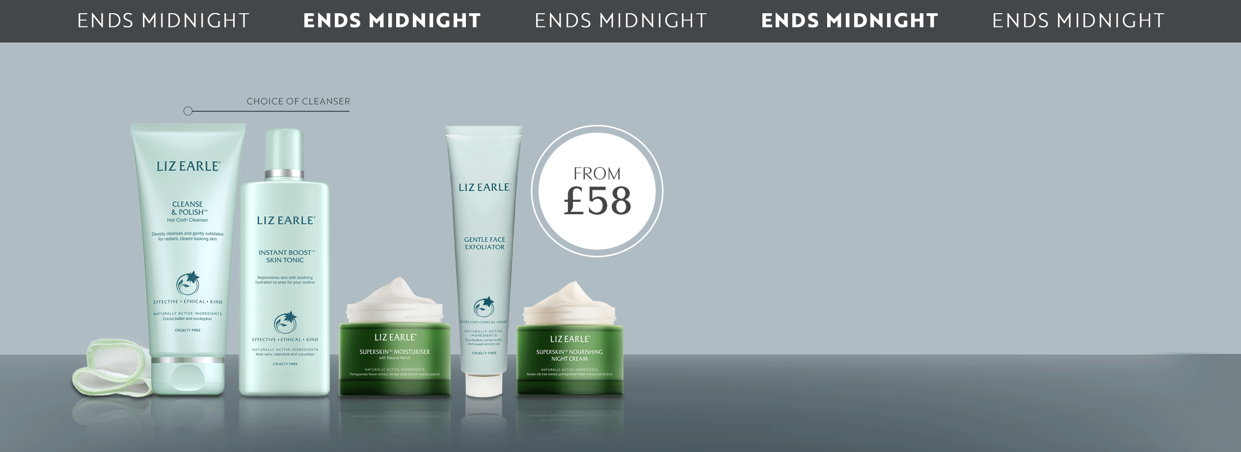 Liz Earle product range including toner, cleanser, moisturiser