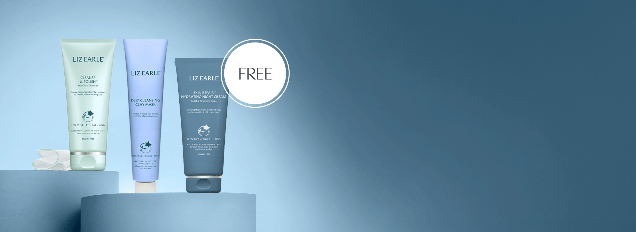 Liz Earle cleanse & polish, cleansing mask and skin repair night cream on a blue background