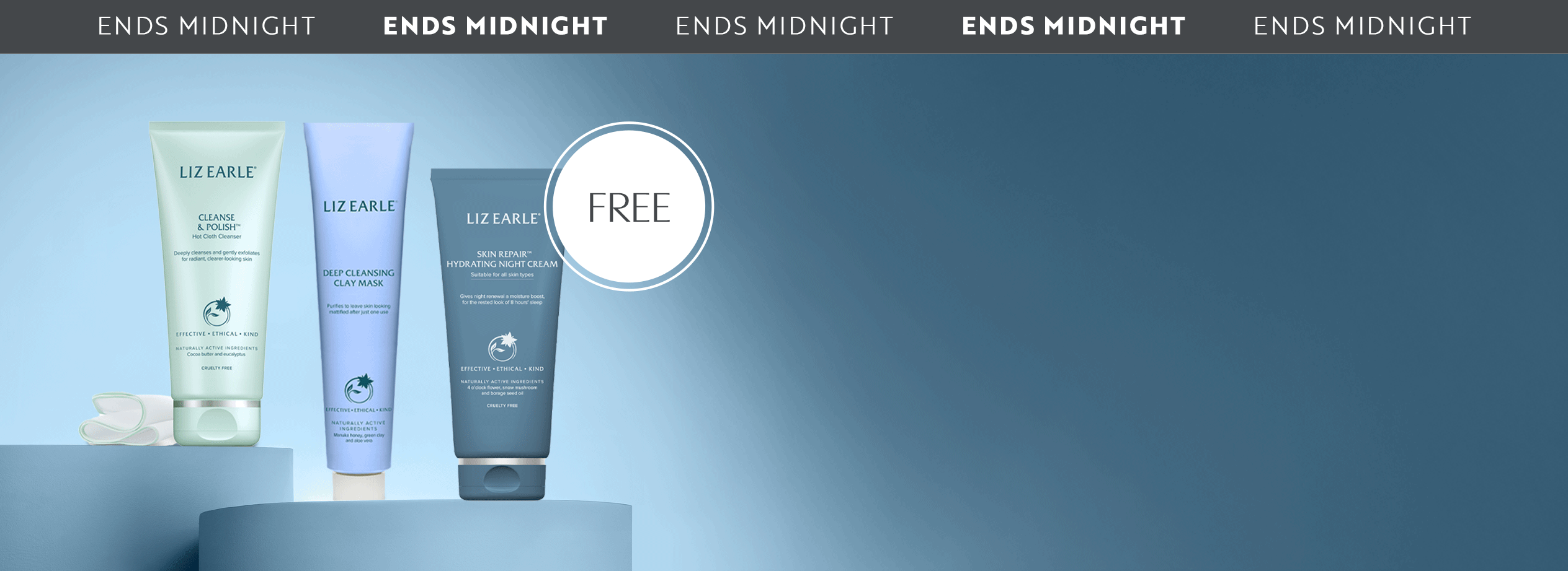 Liz Earle cleanse & polish, cleansing mask and skin repair night cream on a blue background