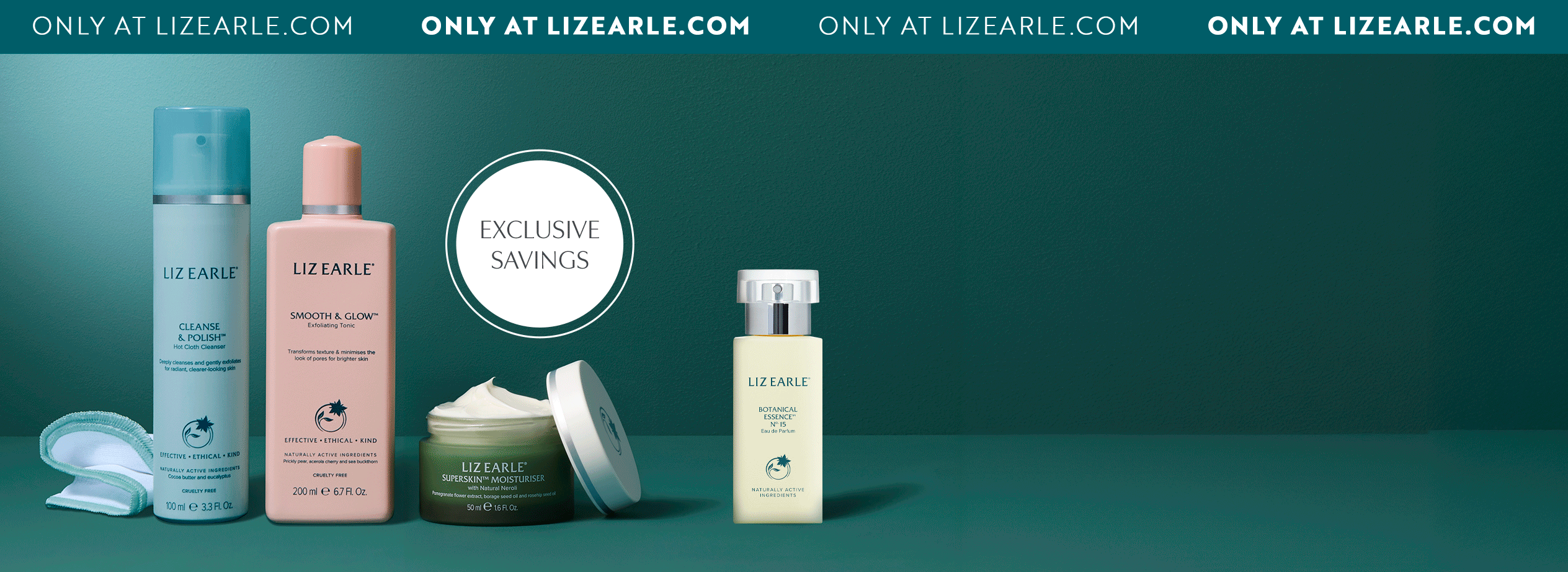 range of Liz Earle products on a blue background with a text reading only at lizearle.com