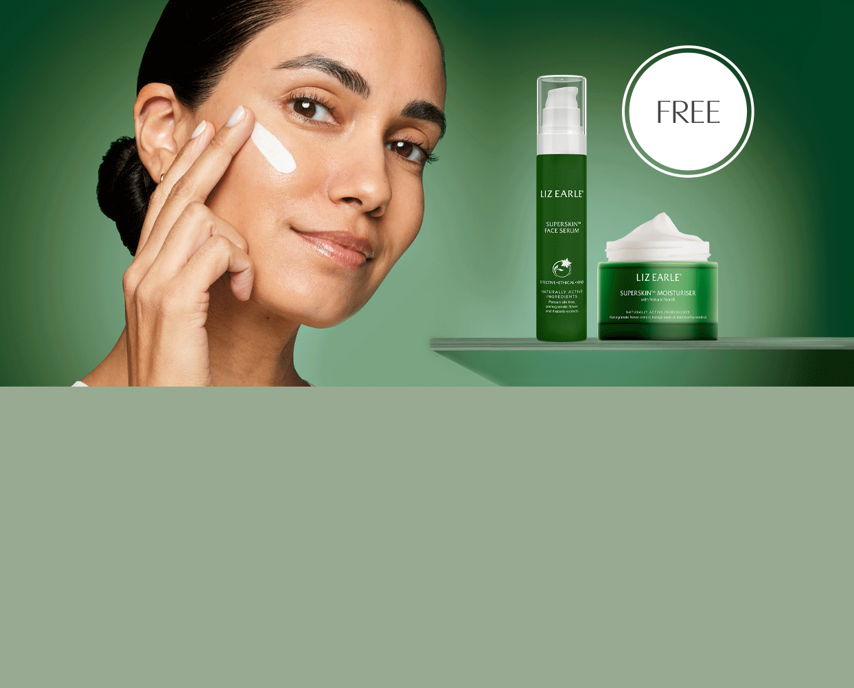 Liz Earle superskin moisturiser and serum on a dark green background