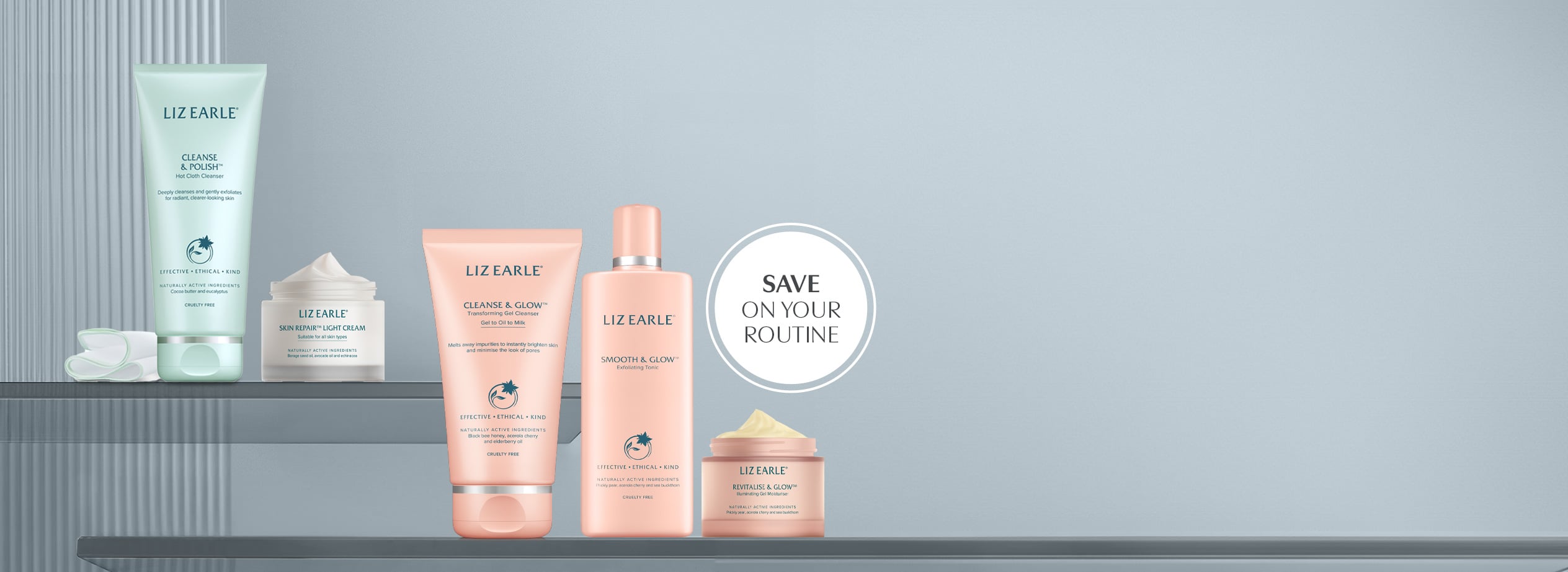 range of Liz Earle products on a light grey background